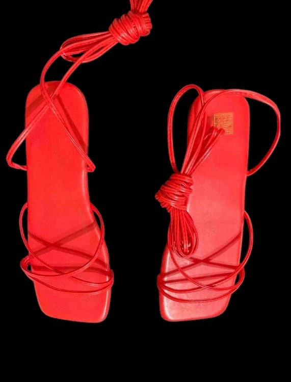 Pretty Red Women Tie Leg Wrap Design Sandals Fashionable Trendy Summer Cute Flat Sandals Shoes
