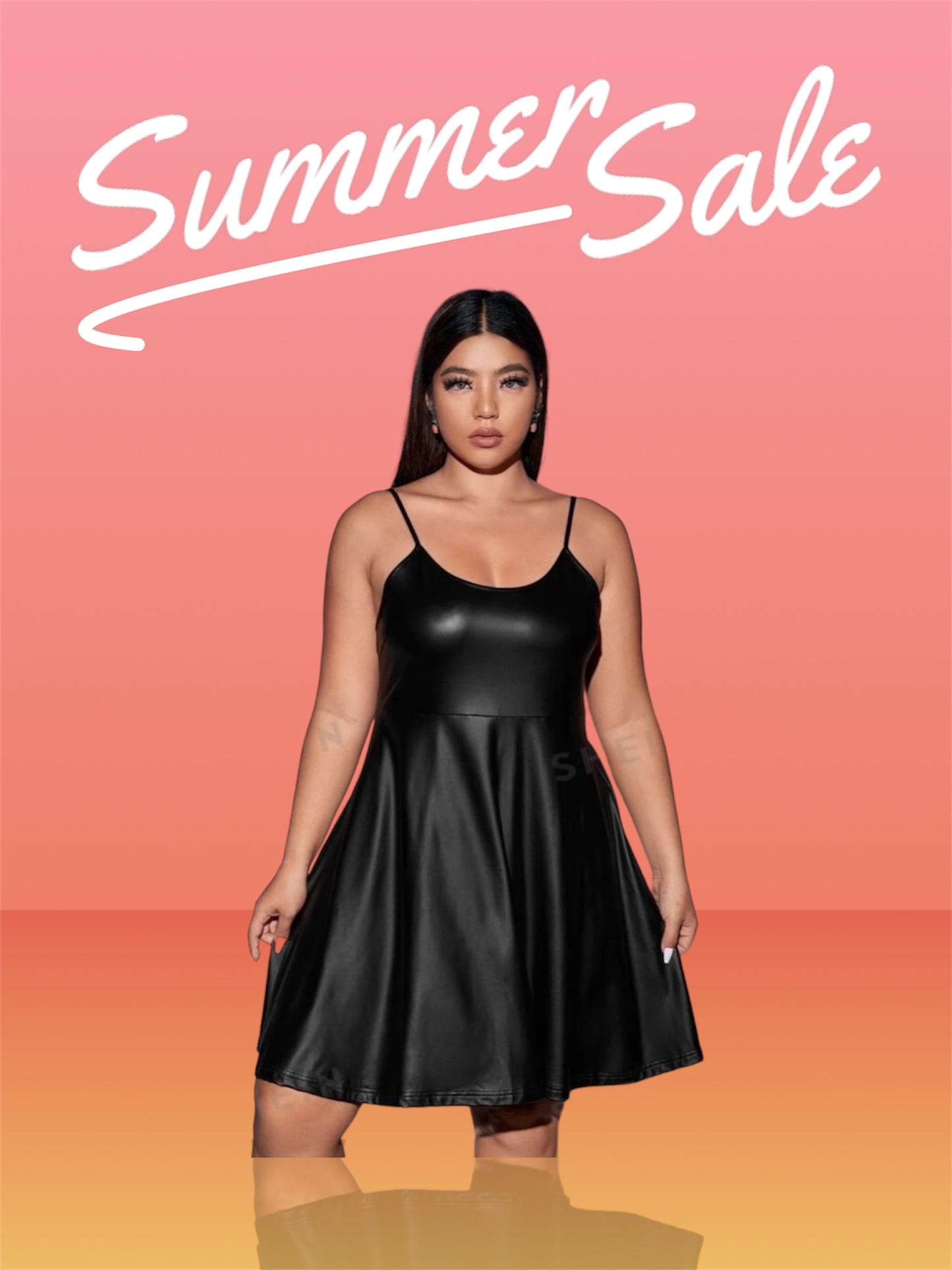 Stunning PU Leather Black Plus Size Flare Hem Sexy Girls Night Out Mini Cami Spaghetti Strap Dress Clothing