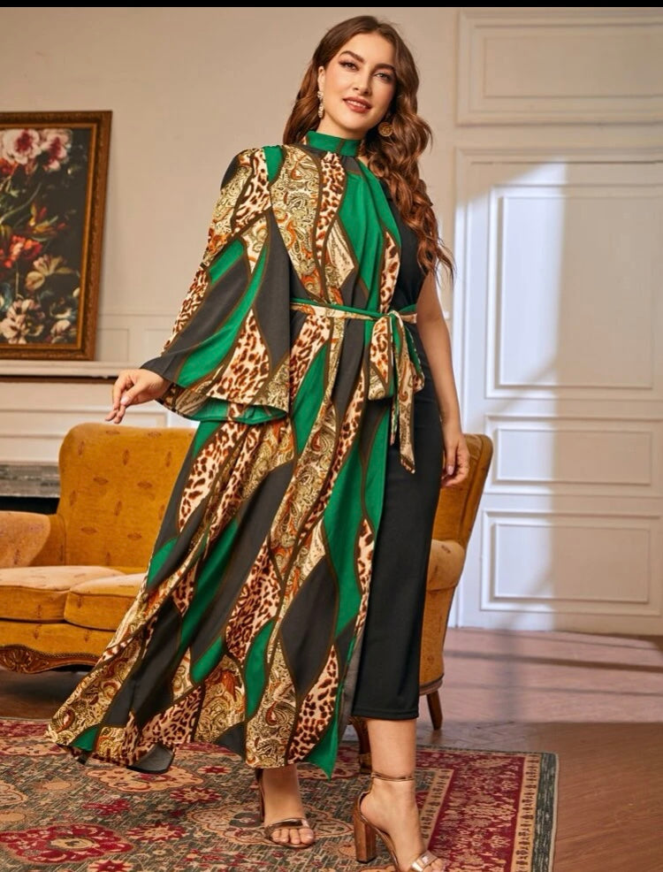 Plus Curvy Woman Green Stunning One Shoulder Glam Diva Choker Neck Leopard & Baroque Print Dress Clothing