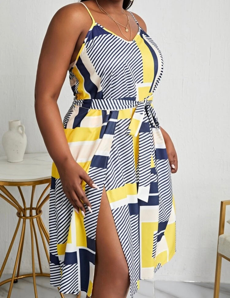 Self-Confident Plus Striped Yellow & Blue Patchwork Print Thigh Split Belted Dress Summer Happy Wear