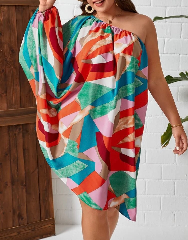 Plus Size Allover Print One Shoulder Colorfully Made Pretty One Sleeve Dressy Dress Fits Most Clothing