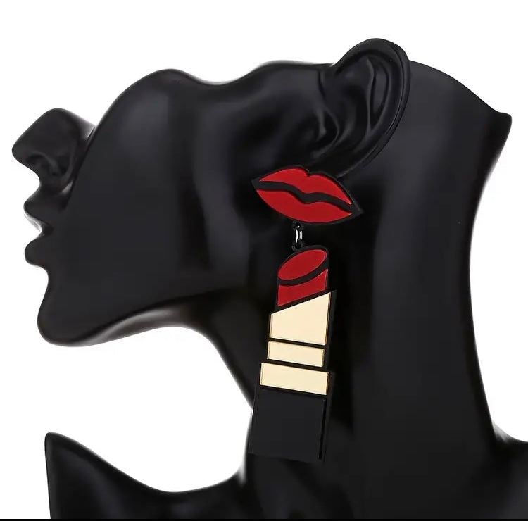 Fashion Acrylic Red Mouth Lips Kiss Lipstick Drop Earrings Jewelry