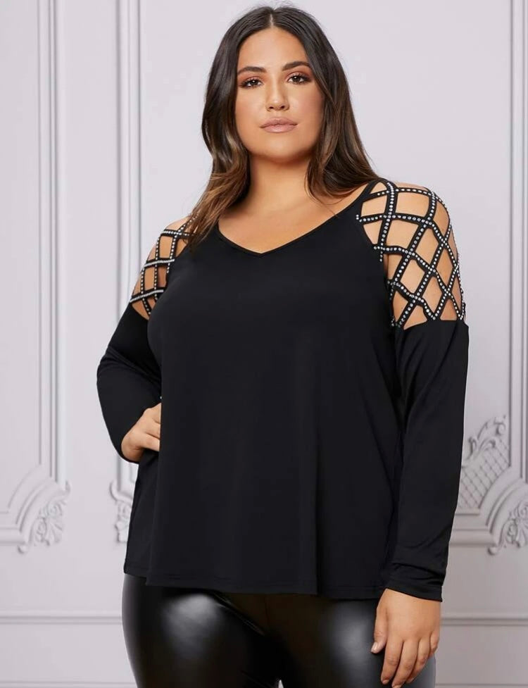 Elegant Classy Sassy Bejeweled Plus Cut Out Rhinestone Black Long Sleeve Peep Shoulder Top Blouse Wearable Clothing