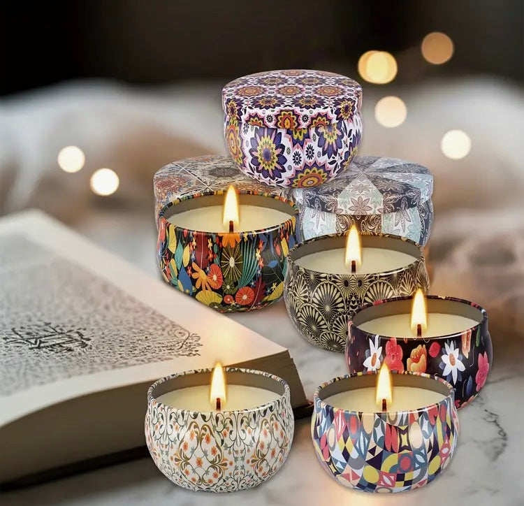 Fragrance Scented Handmade Soy Wax Small Candles w Round Metal Lid Container and Glitter Accents