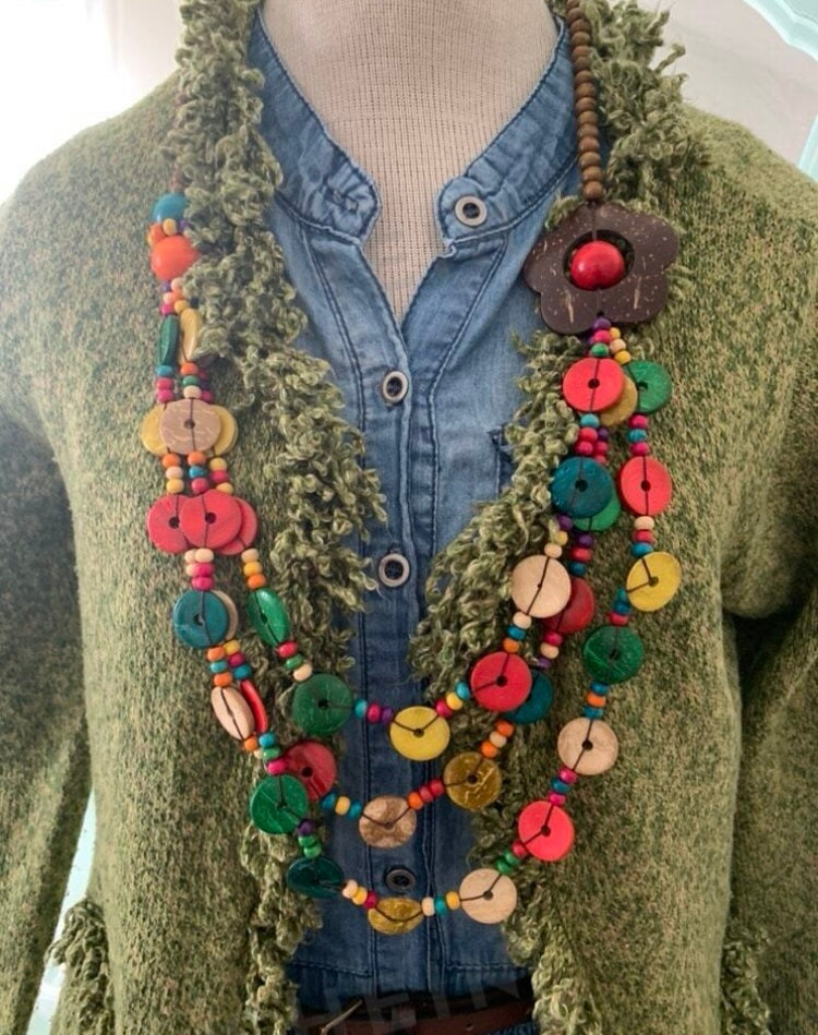 Fashion Wooden Beaded Multiple Colors Statement Necklace Women Nubian Style Jewelry