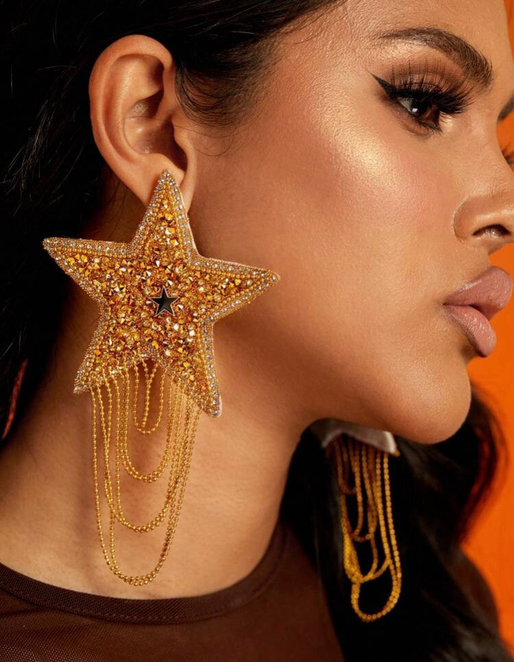 You R a Shining Gold Star! High Fashion Long Glitz Glitter Styled Dangle Earrings for Ladies Jewelry