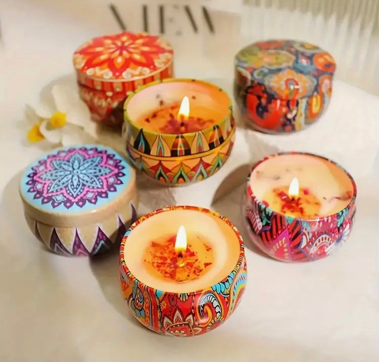 Fragrance Scented Handmade Soy Wax Small Candles w Round Metal Lid Container and Glitter Accents