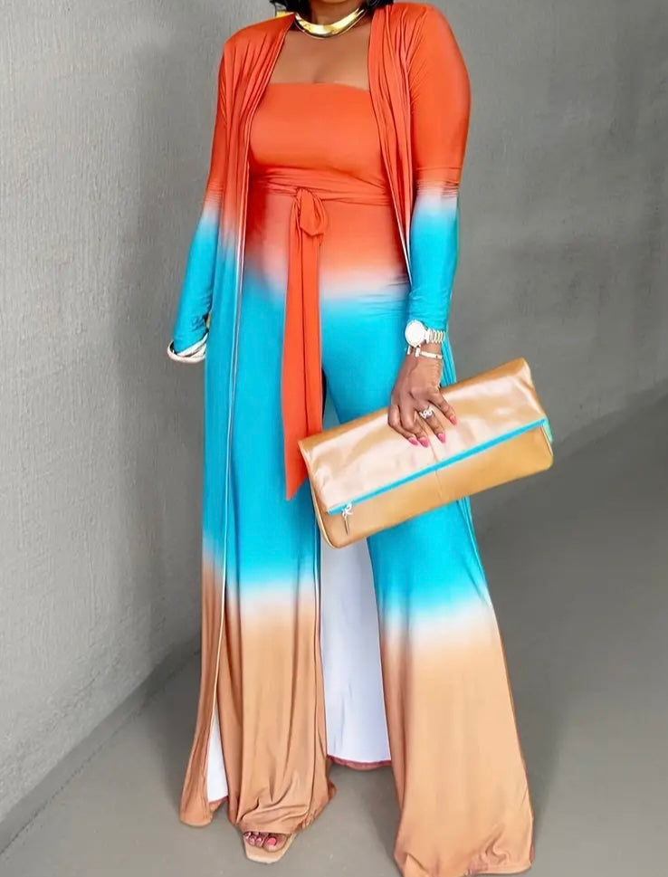 Casually Amazing Two Pieces Jumpsuit Plus Size Casual Outfit Women's Plus Ombre Earth Tone Print Long Sleeve Open Front Cardigan & Belted Outfits Set