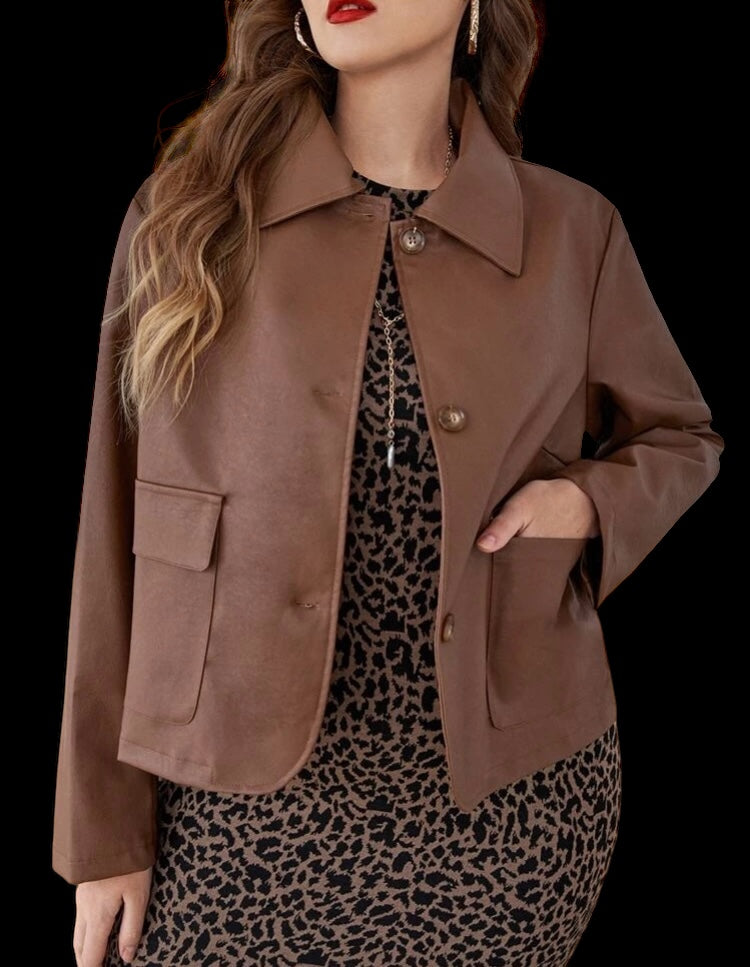 Women’s Fashion Brown PU Leather Collared Fashion Jacket Coat Plus Size