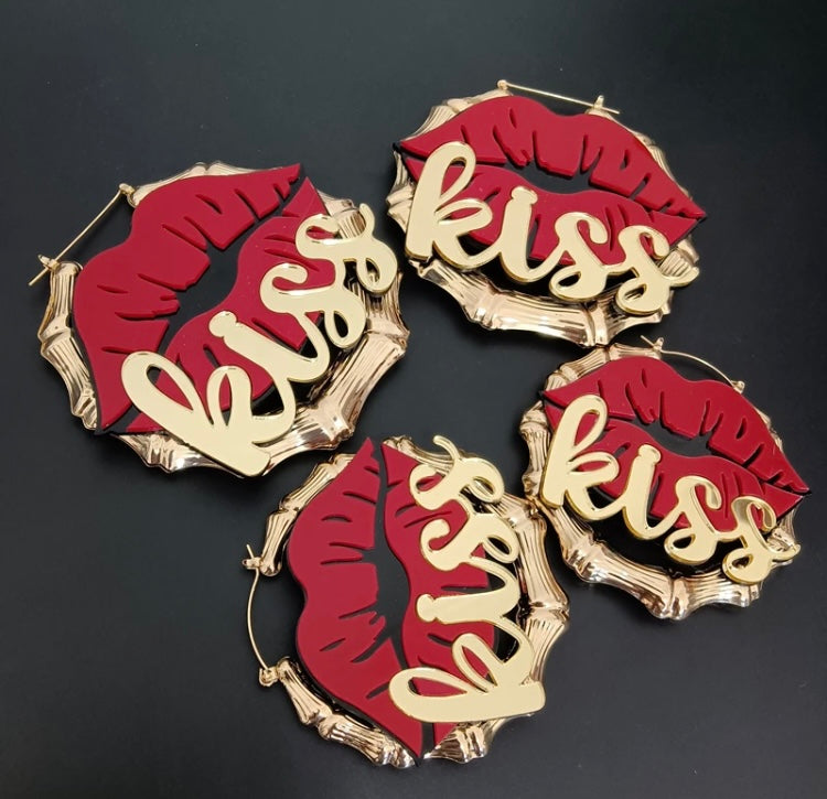 Fashion Red Kiss Sexy Lips Acrylic Women Gold Bamboo Earrings Jewelry