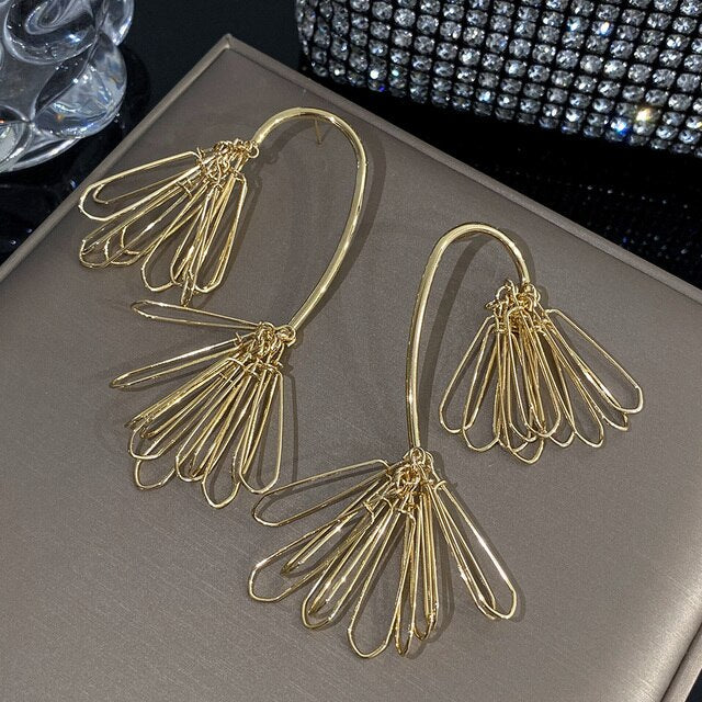 Free Style Pine Needles Tassel Earrings for Women Metal Double Fringe Earrings Jewelry