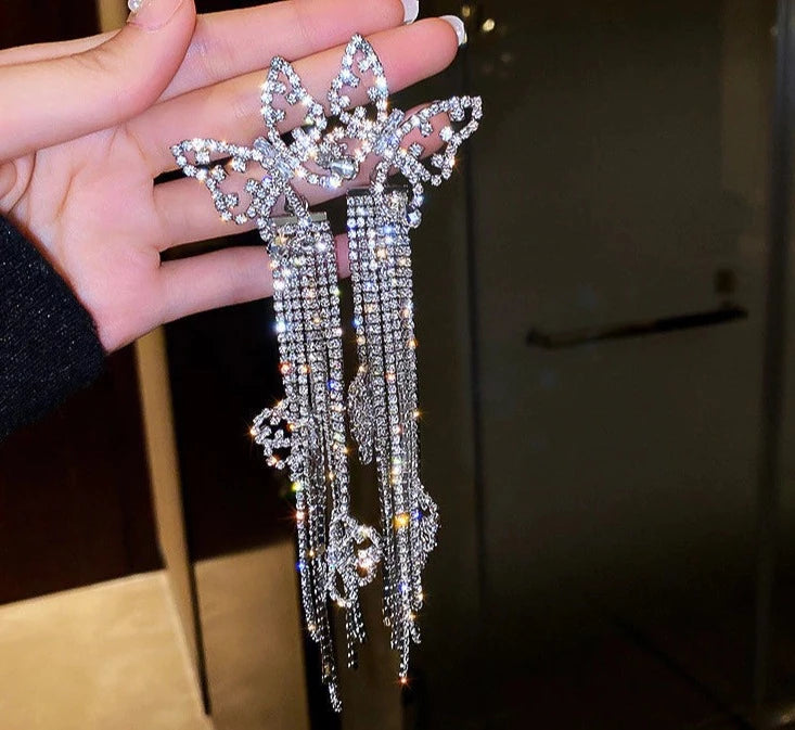 Silvery Long Tassel Rhinestone Drop Earrings for Women Butterfly Crystal Dangle Earrings Jewelry Accessories