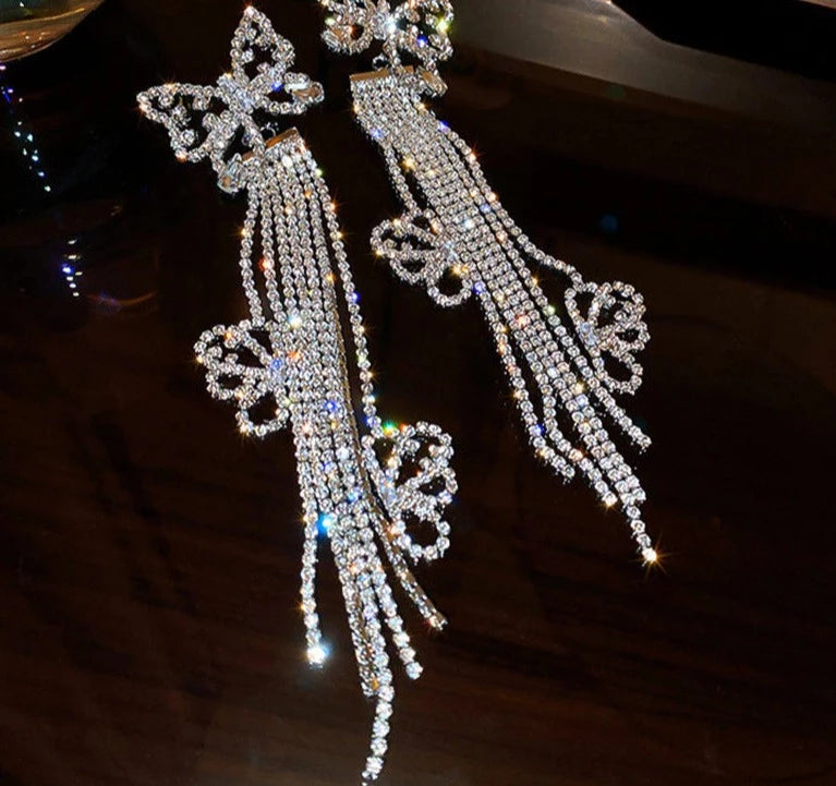 Silvery Long Tassel Rhinestone Drop Earrings for Women Butterfly Crystal Dangle Earrings Jewelry Accessories