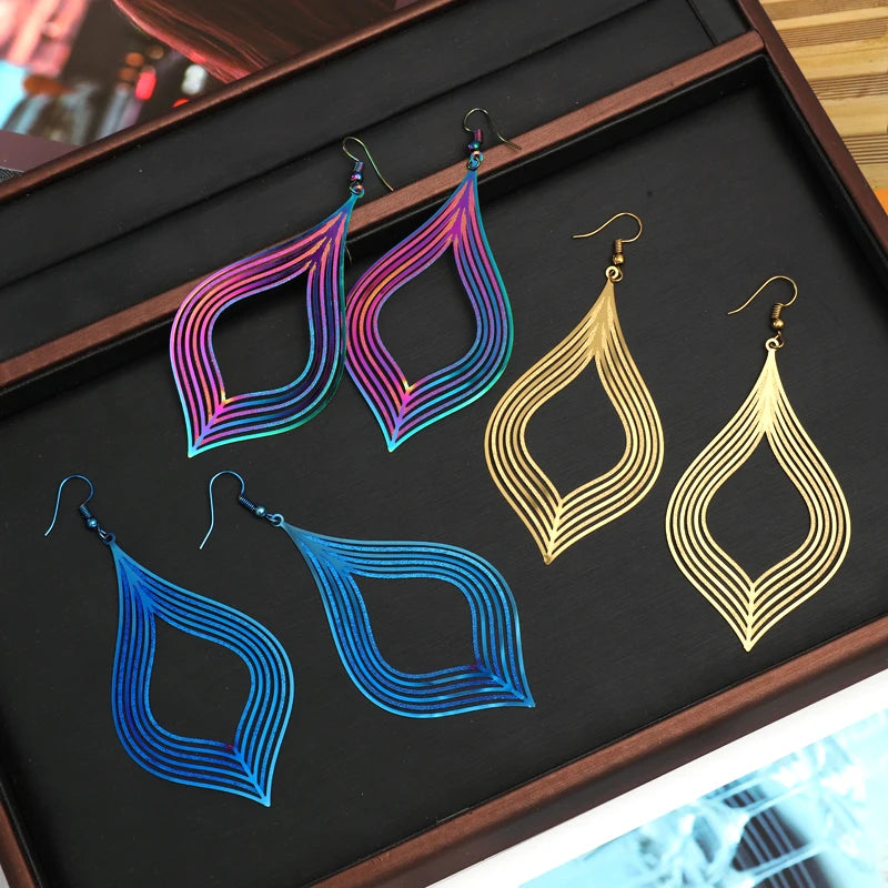 Cute Gradient Rainbow Color Hollow Rhombus Leaf Drop Earrings Women Jewelry