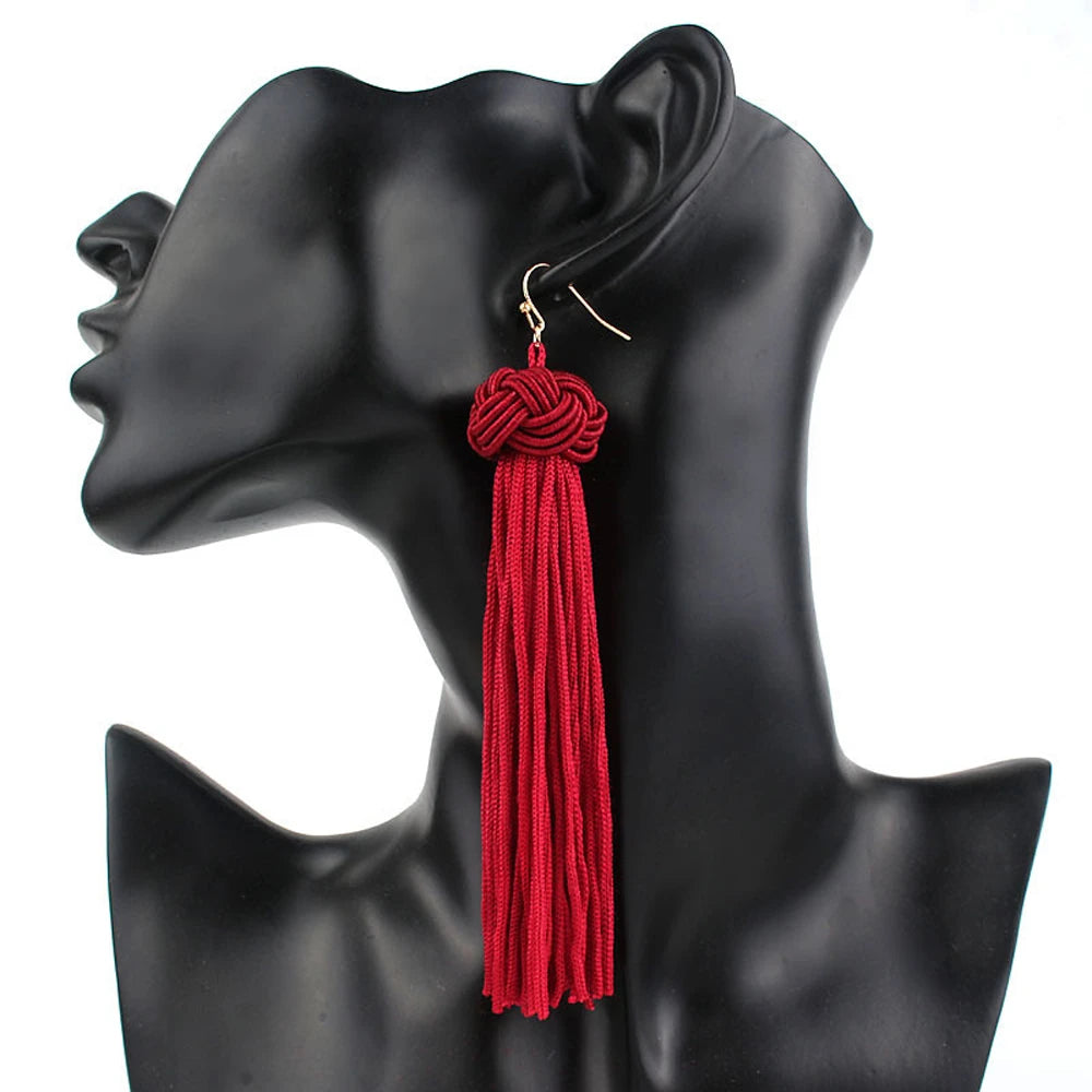 Fashion Ethnic Long Tassel Drop Earrings for Women Bohemian Silk Fabric Fringe Dangle Jewelry