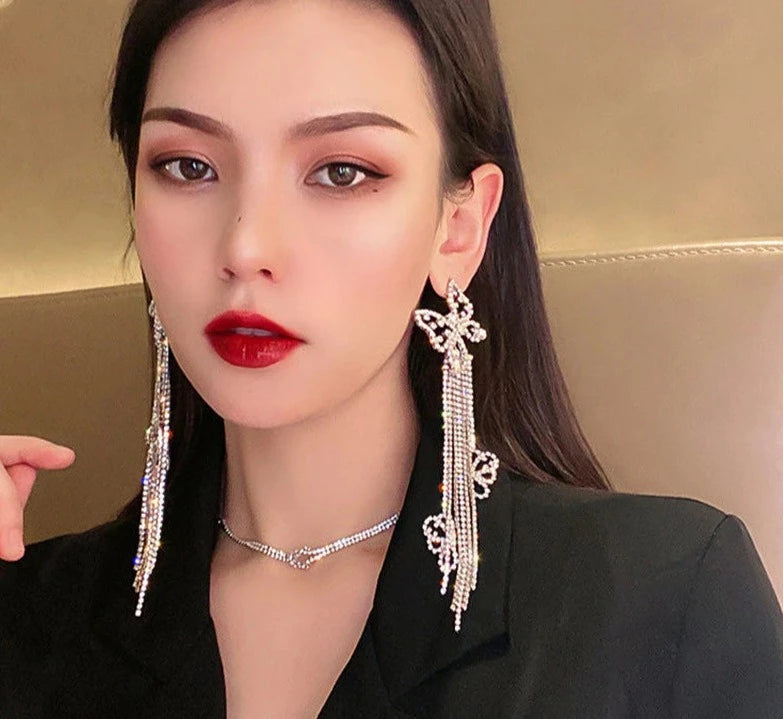 Silvery Long Tassel Rhinestone Drop Earrings for Women Butterfly Crystal Dangle Earrings Jewelry Accessories