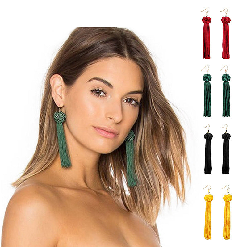 Fashion Ethnic Long Tassel Drop Earrings for Women Bohemian Silk Fabric Fringe Dangle Jewelry