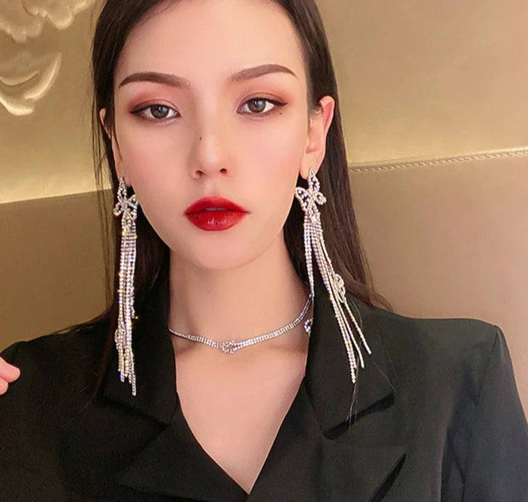 Silvery Long Tassel Rhinestone Drop Earrings for Women Butterfly Crystal Dangle Earrings Jewelry Accessories