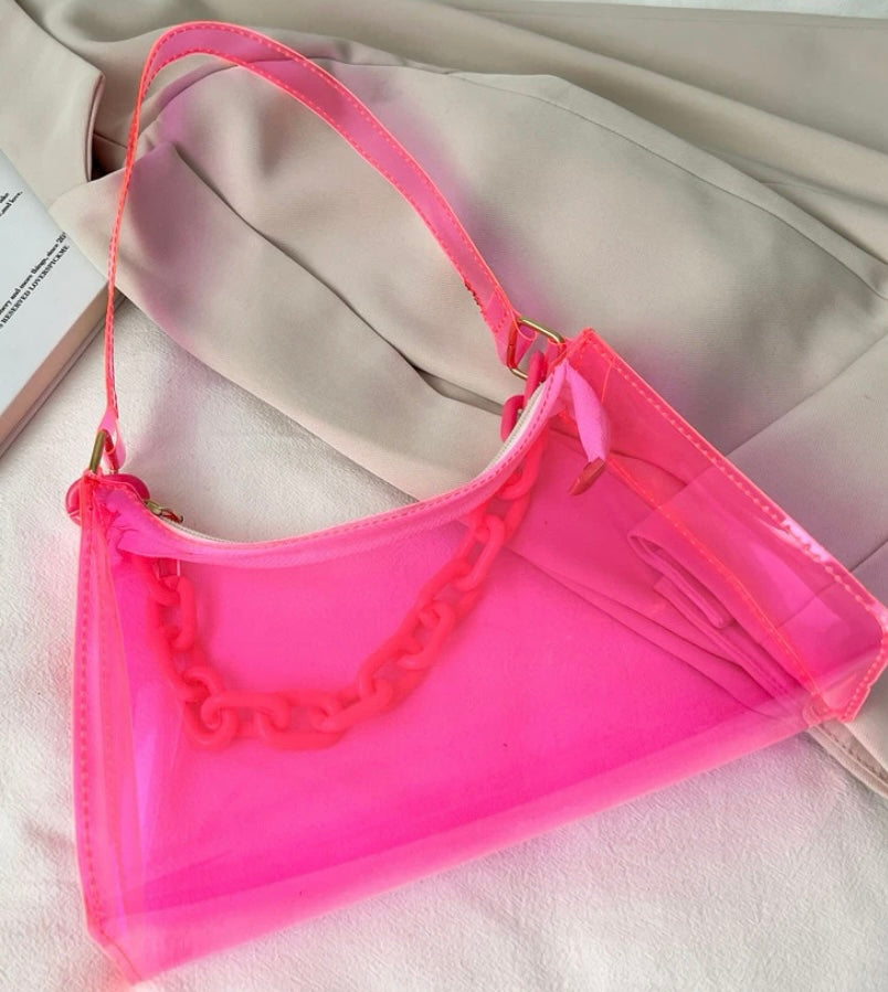 Trendy Neon Fashion In Style Clear Baguette Bag Purse Tote Glam Accessories