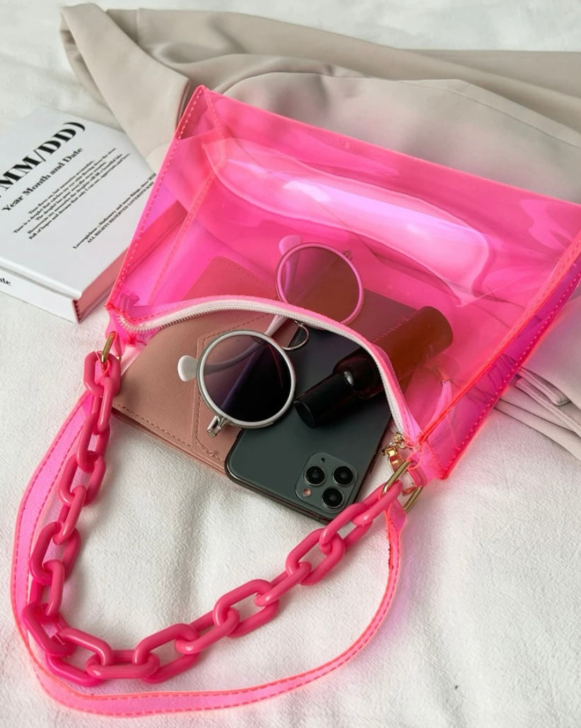 Trendy Neon Fashion In Style Clear Baguette Bag Purse Tote Glam Accessories