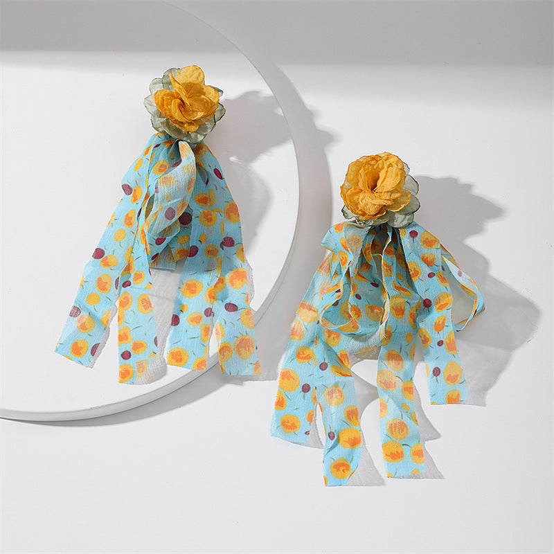 Designed Long Tassel Earring for Women Fabric Yarn Flower Bowknot Tassel Drop Dangle Earrings for Women Fashion Jewelry