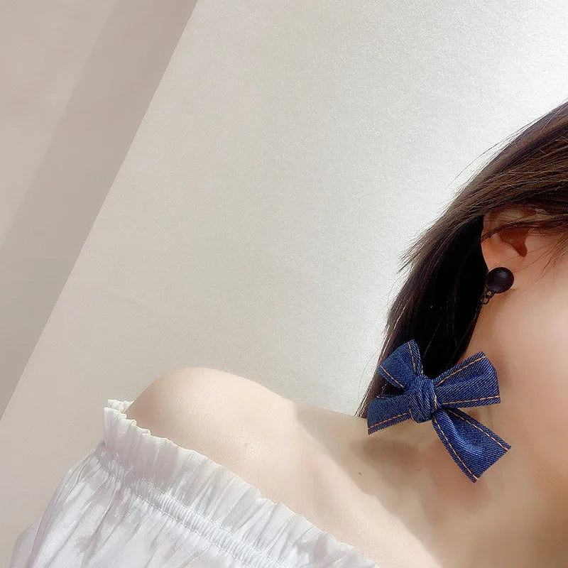 Exaggerated Blue Color Denim Bowknot Cross Knot Big Hanging Dangle Earrings Fashion Jewelry