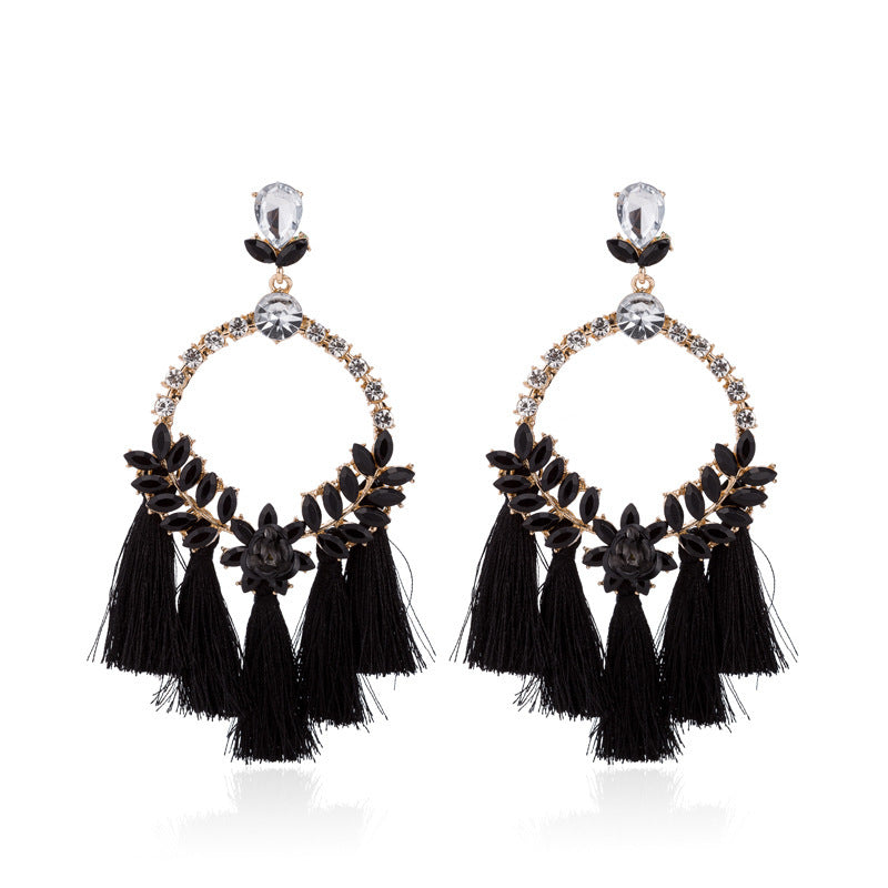 Lovely Exaggerate Floral Rhinestone Tassels Fashion Diva Female Earrings Bohemian Style Jewelry