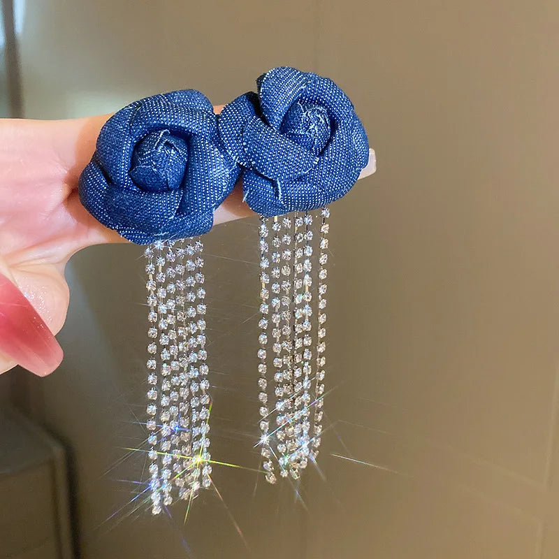 Beautiful Denim Flower Tassel Earrings Light Luxury Design Trendy Fashion Dangle Rhinestone