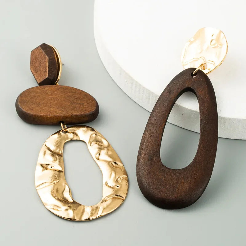 Brown Alloy & Wood Trendy Different Mixture Stylish for Women Long Drop Earrings