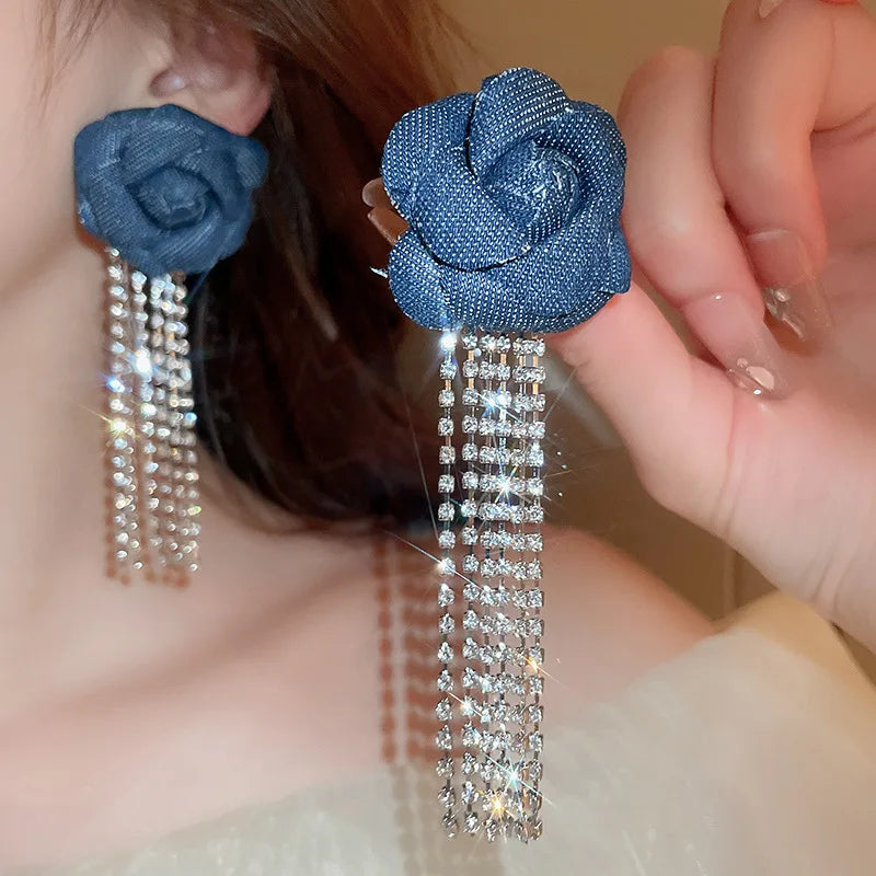 Beautiful Denim Flower Tassel Earrings Light Luxury Design Trendy Fashion Dangle Rhinestone