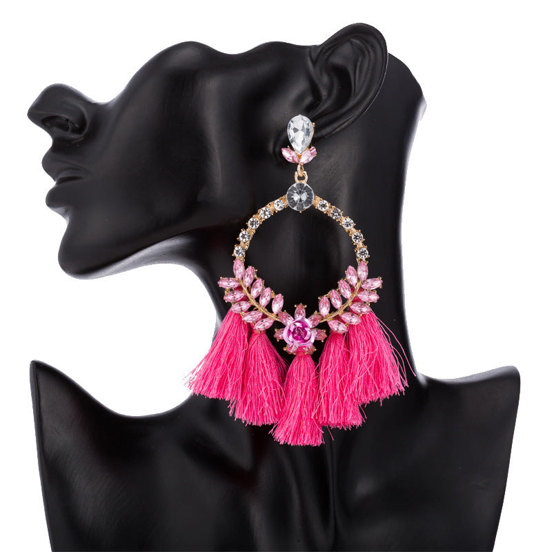 Lovely Exaggerate Floral Rhinestone Tassels Fashion Diva Female Earrings Bohemian Style Jewelry