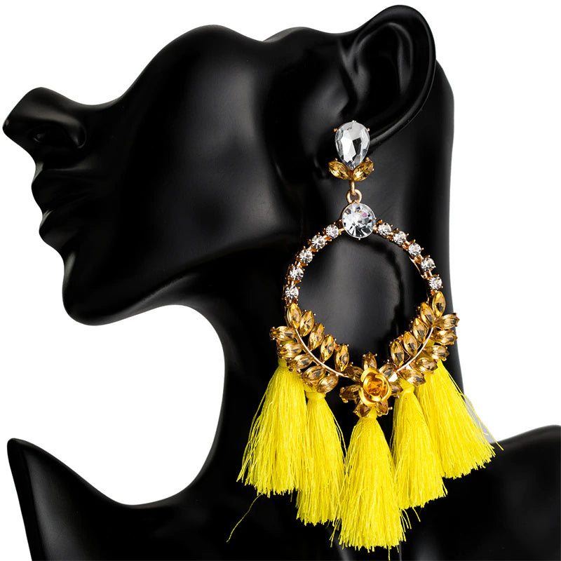 Lovely Exaggerate Floral Rhinestone Tassels Fashion Diva Female Earrings Bohemian Style Jewelry