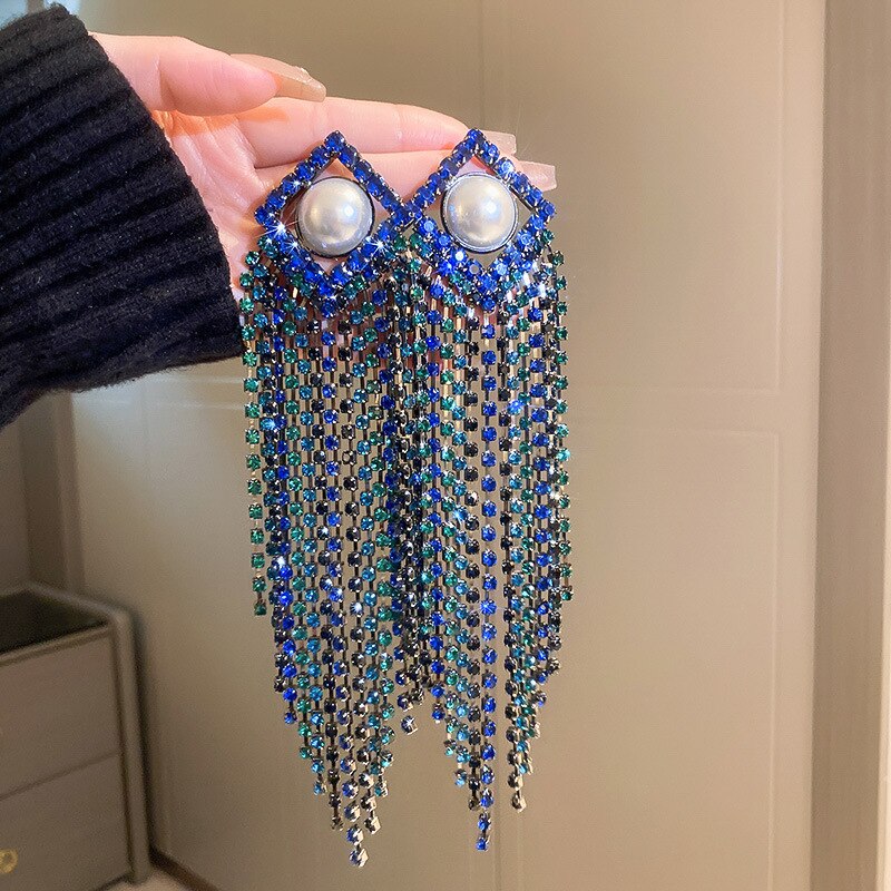 New Long Tassel Crystal Drop Earrings for Women Oversize Geometric Blue Rhinestone Pearl Earrings Statement Jewelry