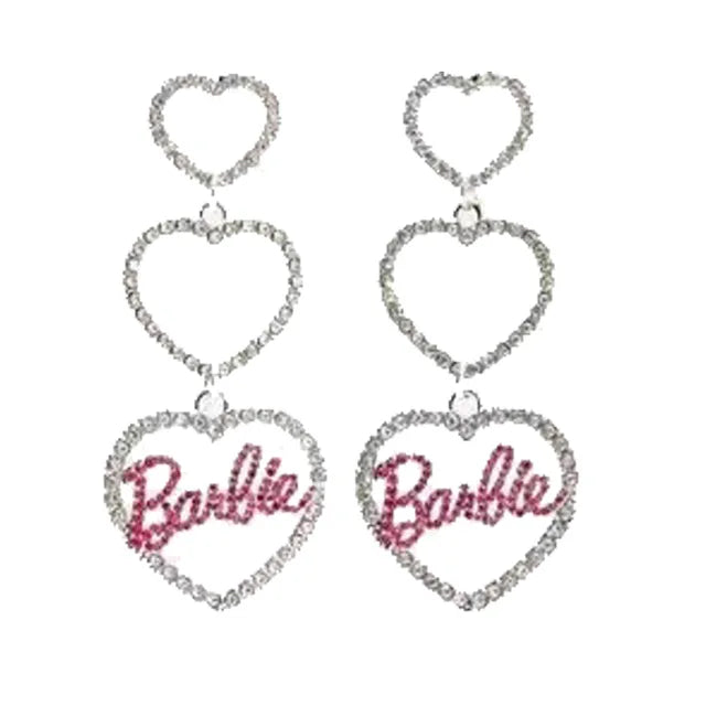 Shimmery Silver Barbie Pink Diamond Triple Heart Crystal Bling Earrings Jewelry Accessories for Girls