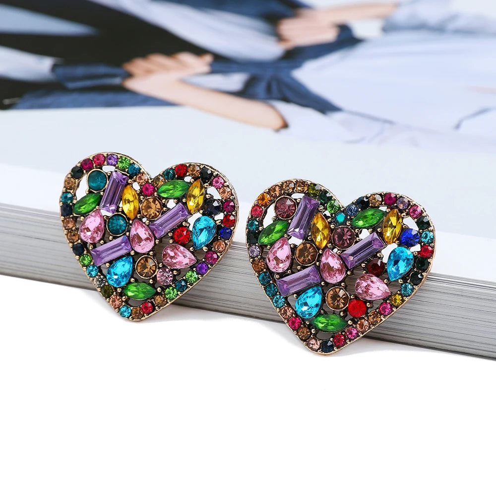 Fashion Cute Heart Stud Earrings for Women Girl Luxury Bling Crystal Jewelry Accessories