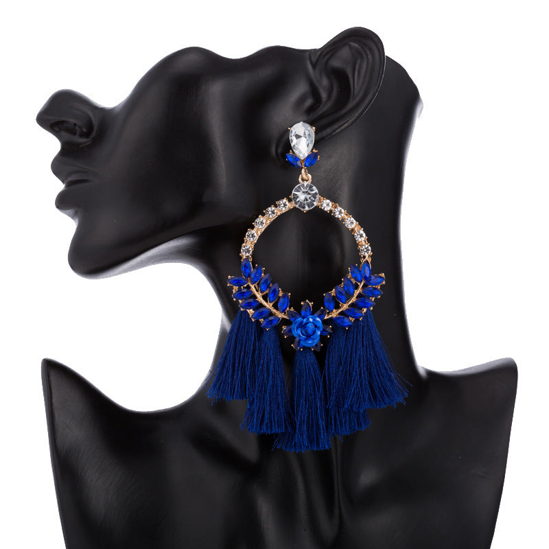 Lovely Exaggerate Floral Rhinestone Tassels Fashion Diva Female Earrings Bohemian Style Jewelry