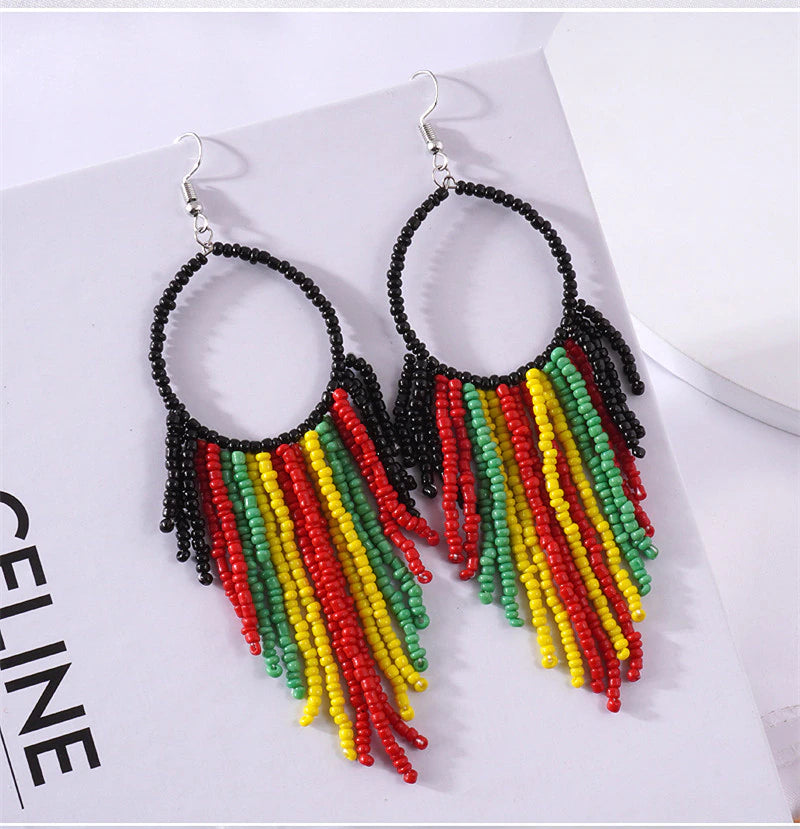Fashion Ethnic Beaded Long Dangle Earrings Vintage Handmade Jamaican BM Style Women Earrings