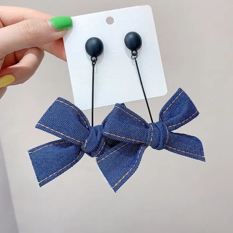 Exaggerated Blue Color Denim Bowknot Cross Knot Big Hanging Dangle Earrings Fashion Jewelry