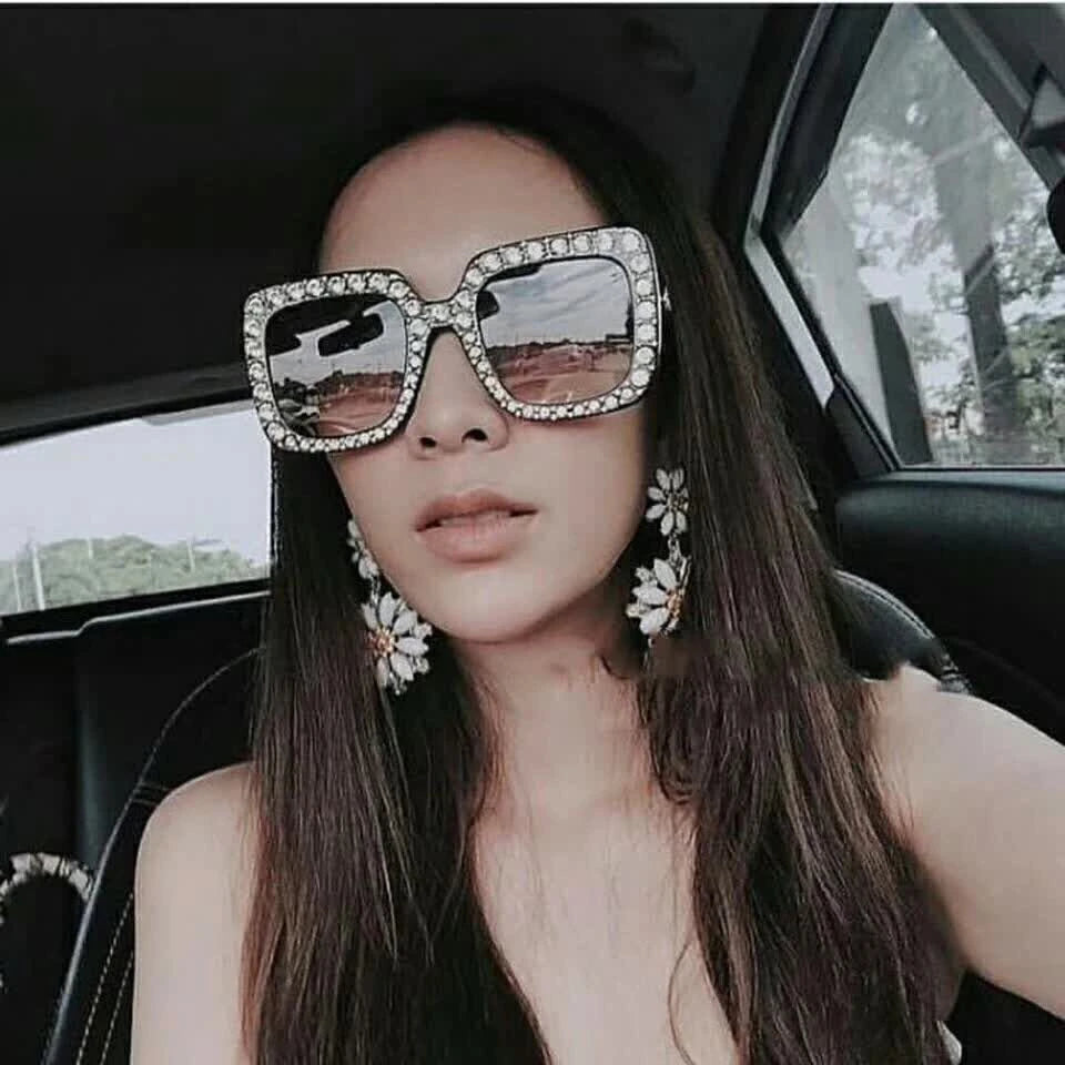 Fashion Trendy Big Square Luxury Rhinestone Sunglasses Women Shades Eyewear