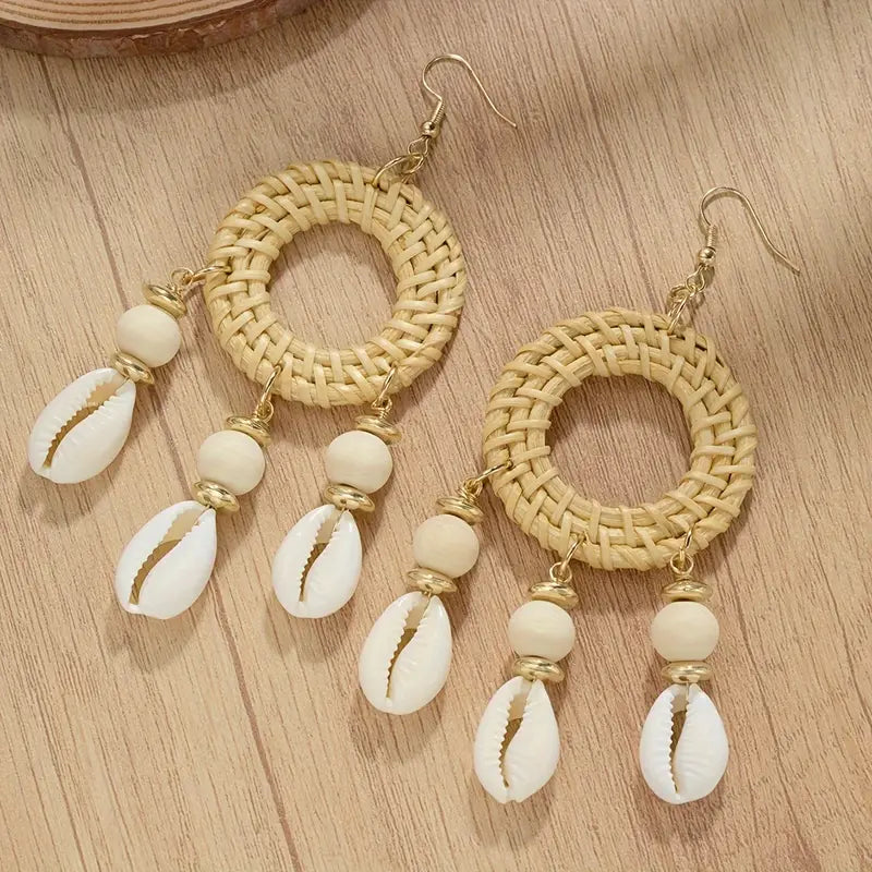 Nice Cowrie Round Woven and Shell Dangle Earrings for Everyday Wear & Beach Summer Getaway Accessories