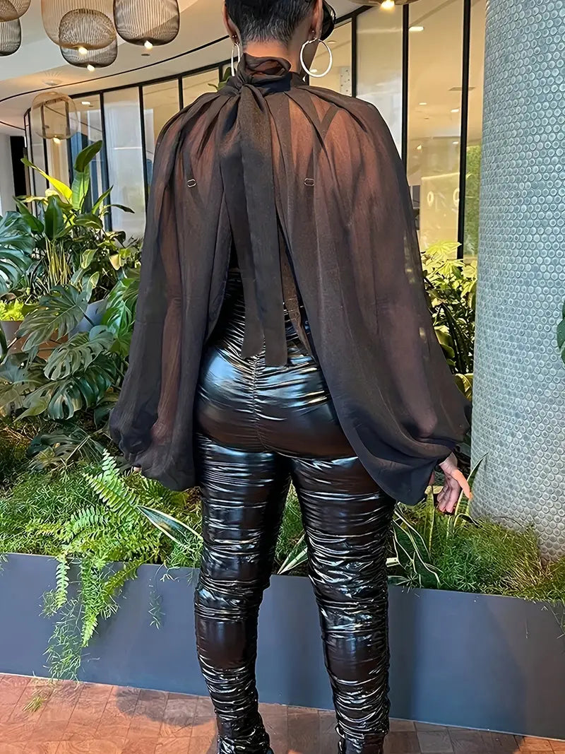 Black Sheer Plus Size Elegant Mock Neck Split Blouse Lantern Sleeve Comfortable Fit for Curvy Women
