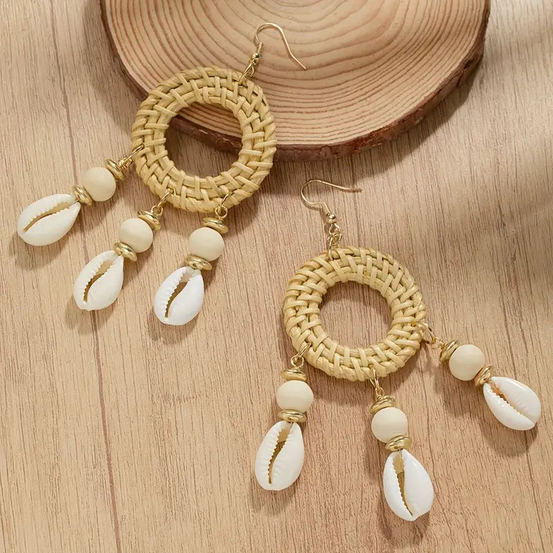Nice Cowrie Round Woven and Shell Dangle Earrings for Everyday Wear & Beach Summer Getaway Accessories