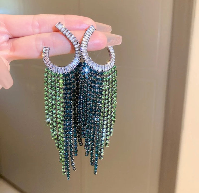 Green Statement Earrings for Women Fashionable Rhinestones Drop Earrings
