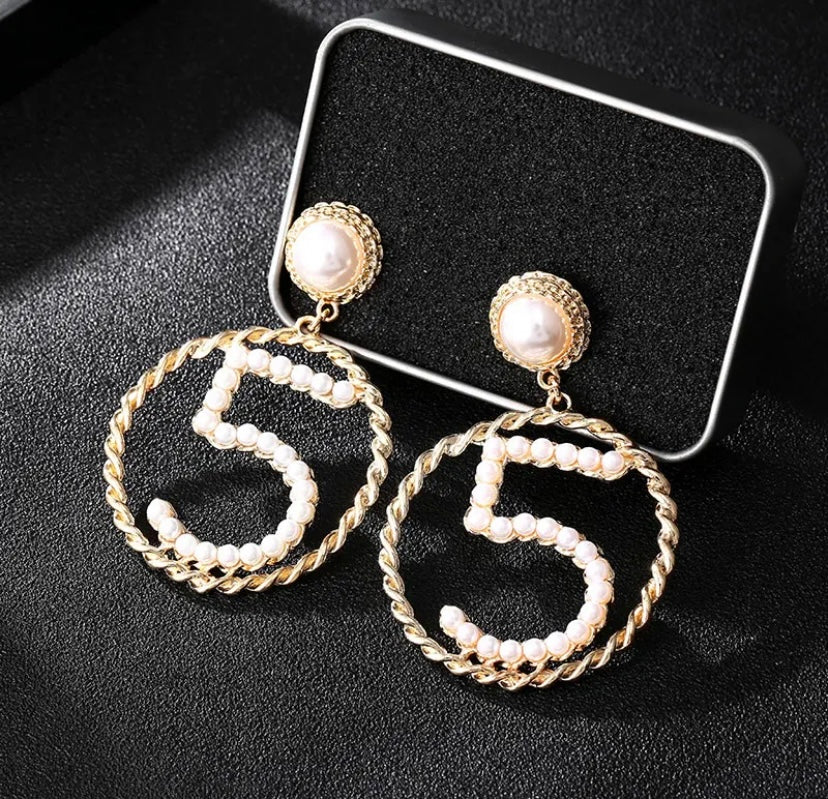 Famous Design Golden Women Number 5 Earrings Fashion Trendy Jewelry Accessories