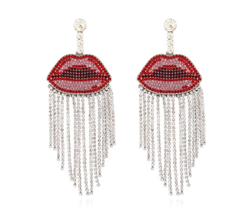 Lips Kiss Glam Luxury Sexy Rhinestone Red Lip Tassel Dangle Earrings for Women Jewelry