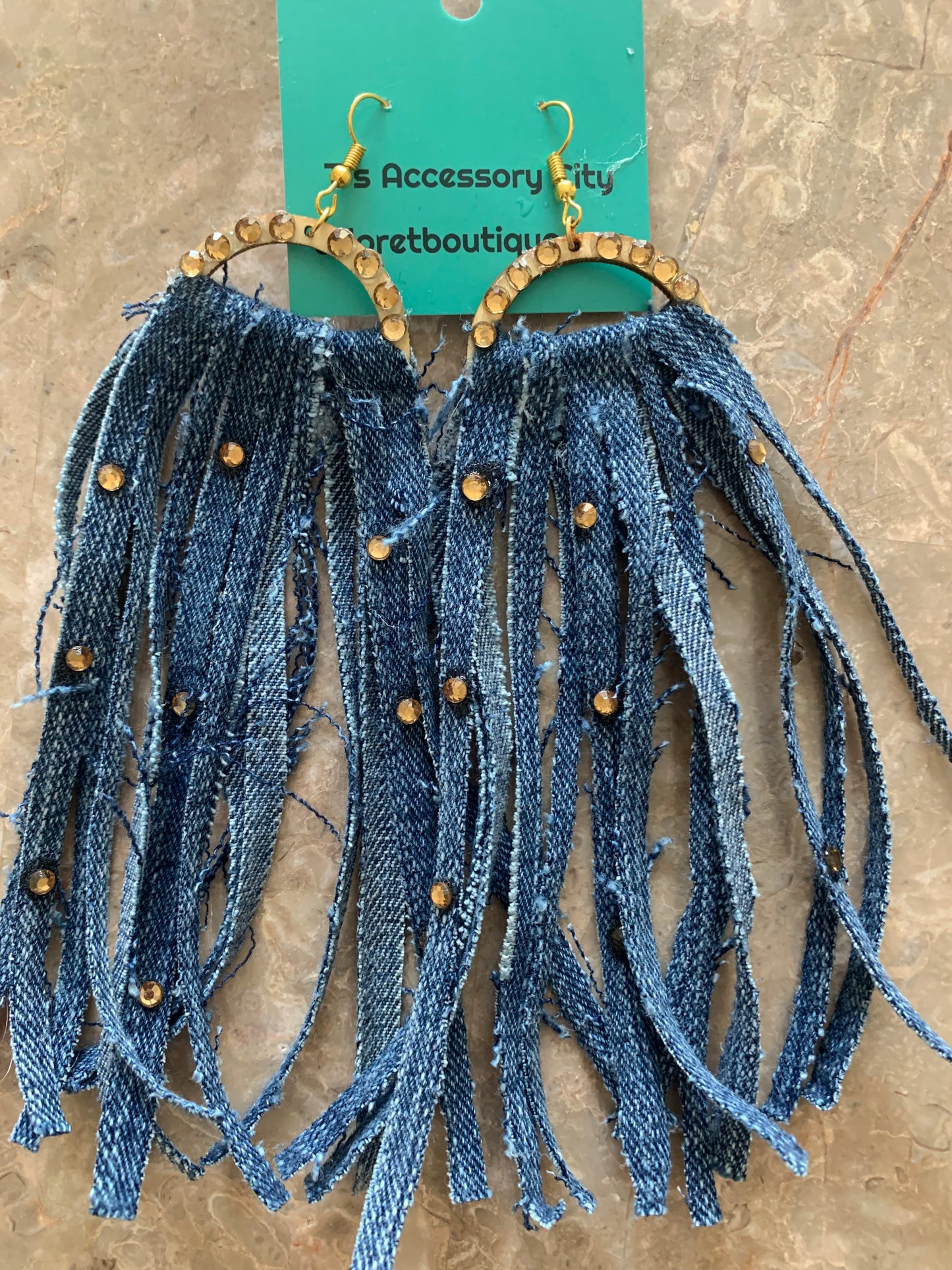 Fashion High Status Denim Gold Rhinestone Long Earrings Handmade Accessories