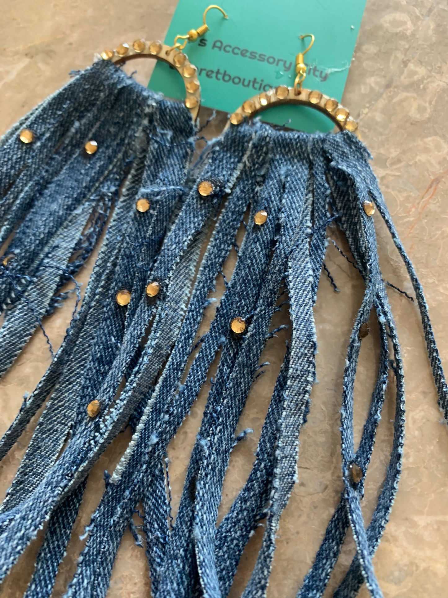 Fashion High Status Denim Gold Rhinestone Long Earrings Handmade Accessories