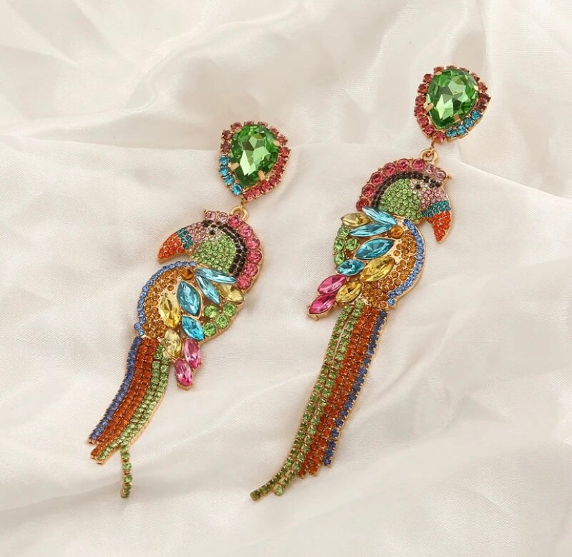 Exotic Parrot Dangle Shining Rainbow Colorful Rhinestone Drop Earrings for Women