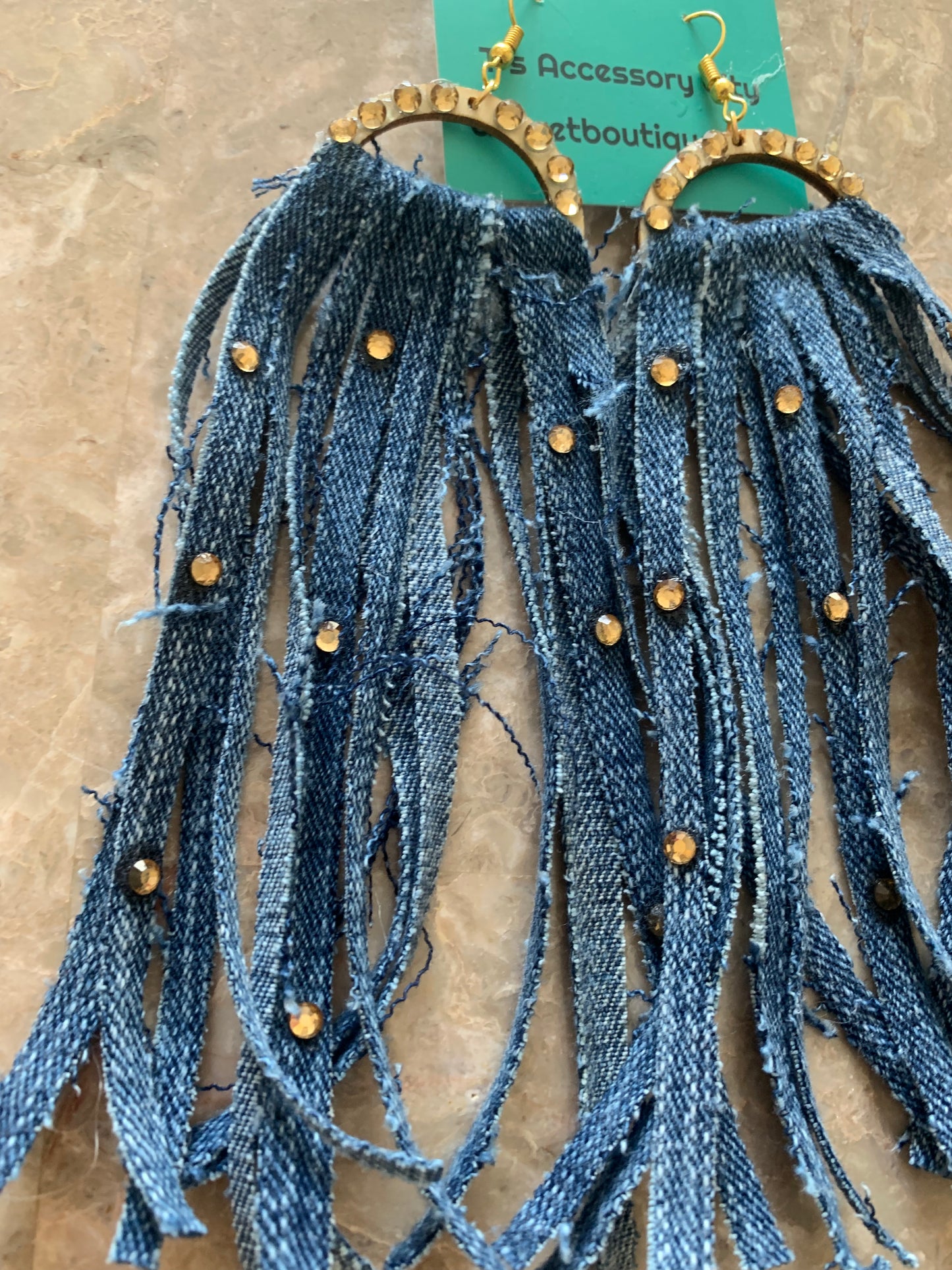 Fashion High Status Denim Gold Rhinestone Long Earrings Handmade Accessories