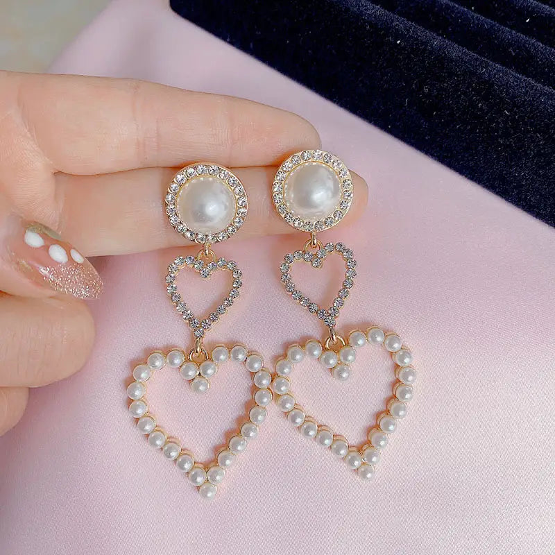 Double Heart Rhinestone Pearl Earrings Jewelry for Women Ladies Girls Accessories